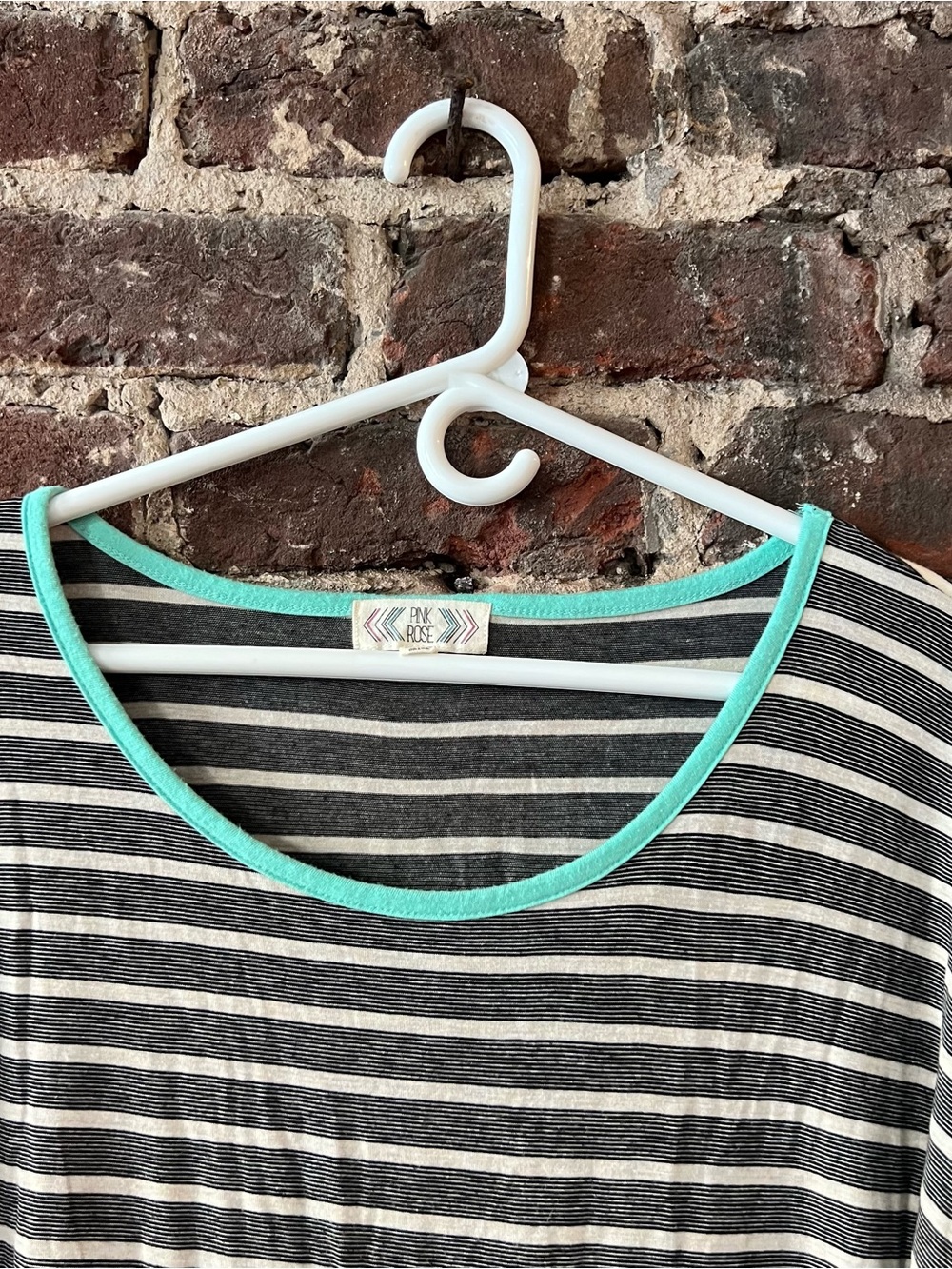 Pink Rose Black and White Striped Long Sleeve Top with Teal Trim - Picture 2 of 6